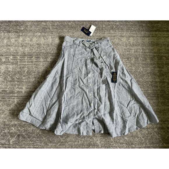 Polo Ralph Lauren Womens Size 10 Skirt Blue White Belted Striped Buttons NWT O1 - Picture 1 of 10